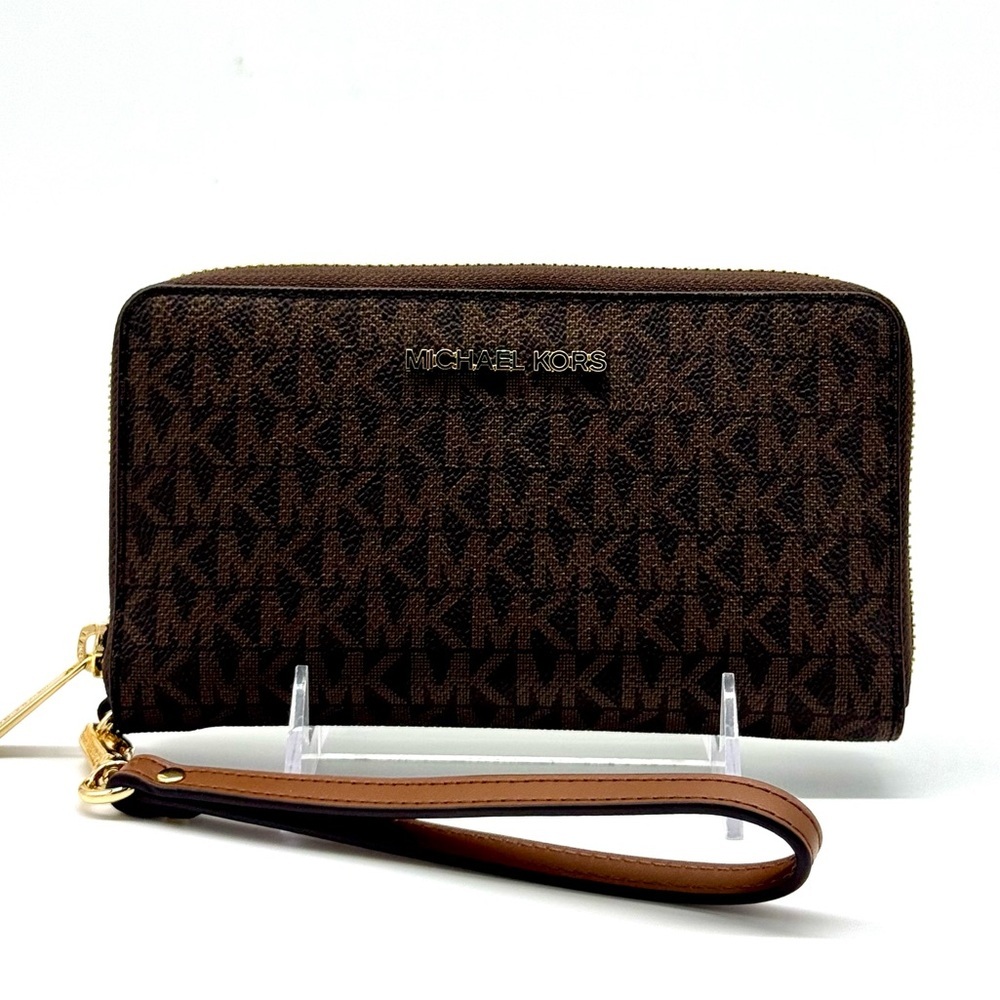 Michael Kors Large Jet Set Travel Flat Phone Case Wallet - Brown Signature - Picture 1 of 8